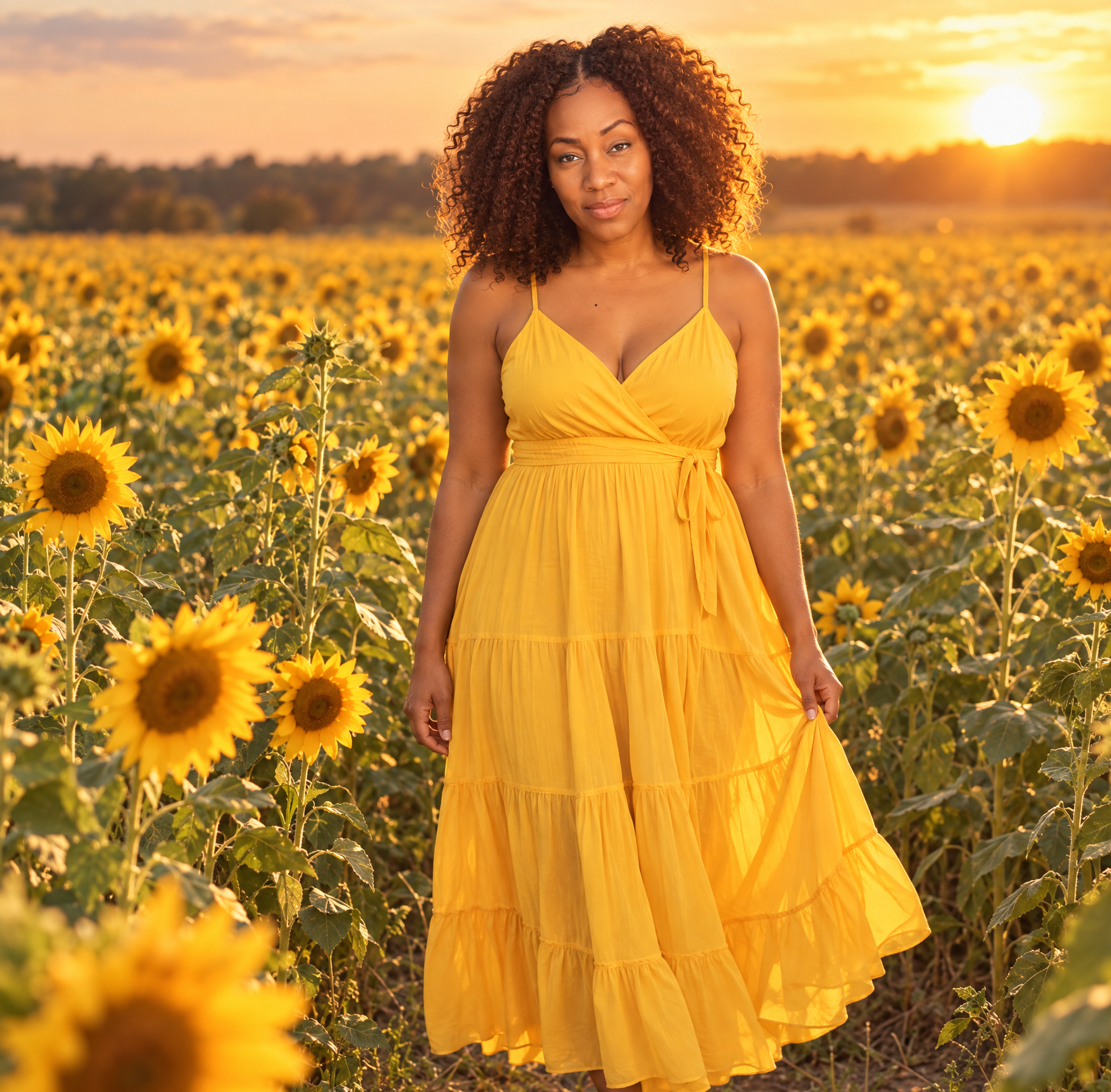 Tresey in a sunflower field at golden hour